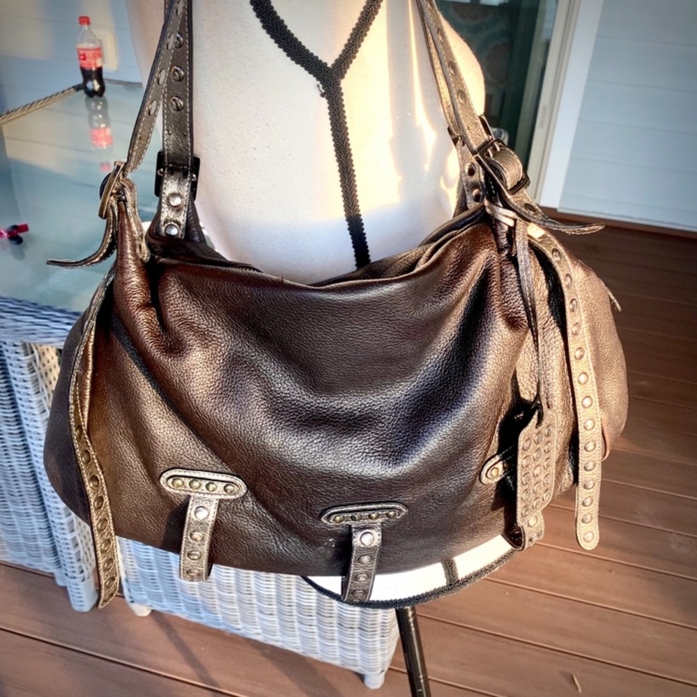 BE&D VERY COOL Stylish Brown-Gun Metal Studded Leather Handbag